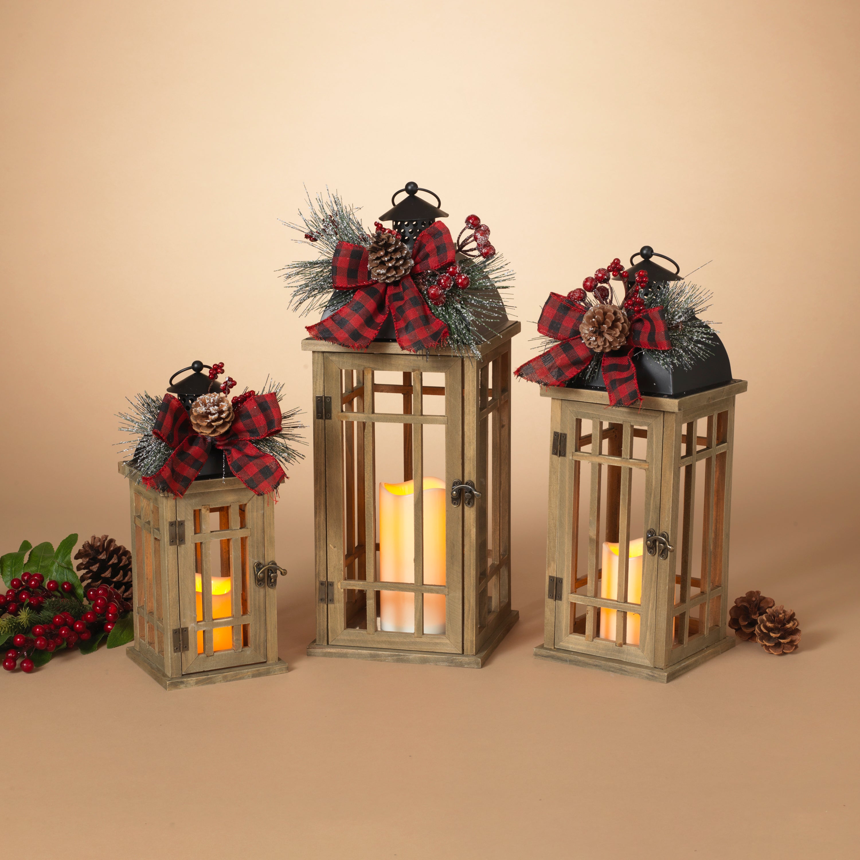 Polished Battery Operated Lighted Metal and Wood Holiday Lanterns with LED Candle